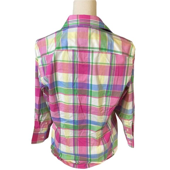 Chaps Womens Shirt Multicolor Plaid Button-Up 3/4 Sleeves Preppy Academia - Picture 2 of 9